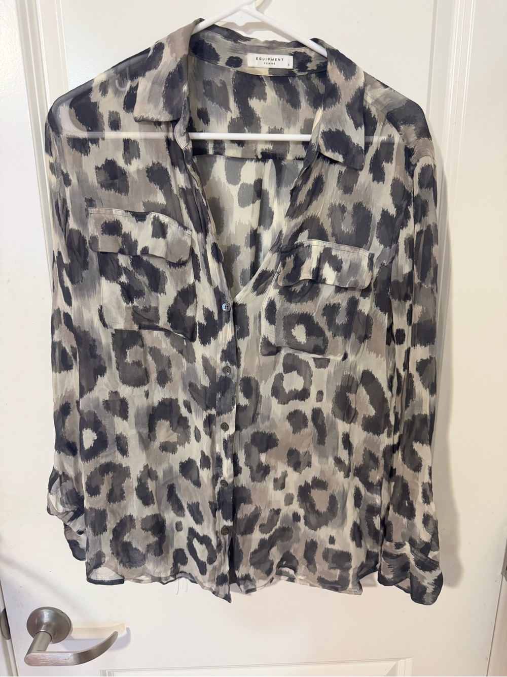 Equipment Leopard-Print Silk Button-Down Shirt — Gray & Cream
